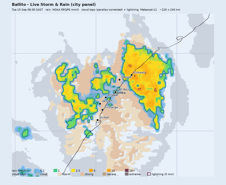 Live storm and rain panel around Ballito, last hour