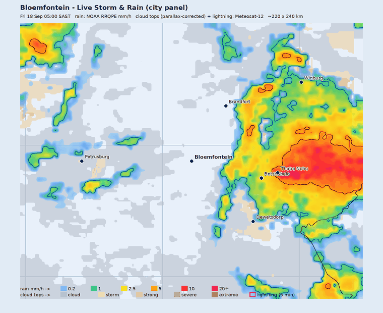 Live storm and rain panel around Bloemfontein, last hour