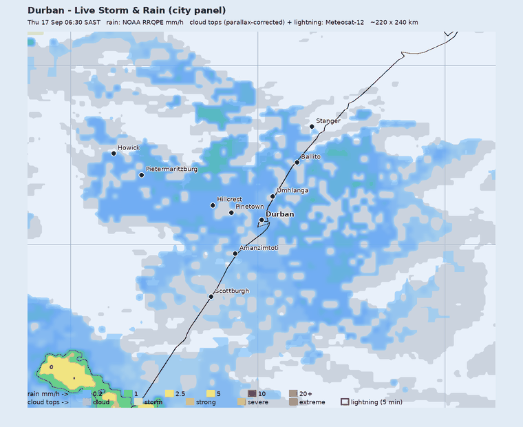 Live storm and rain panel around Durban, last hour