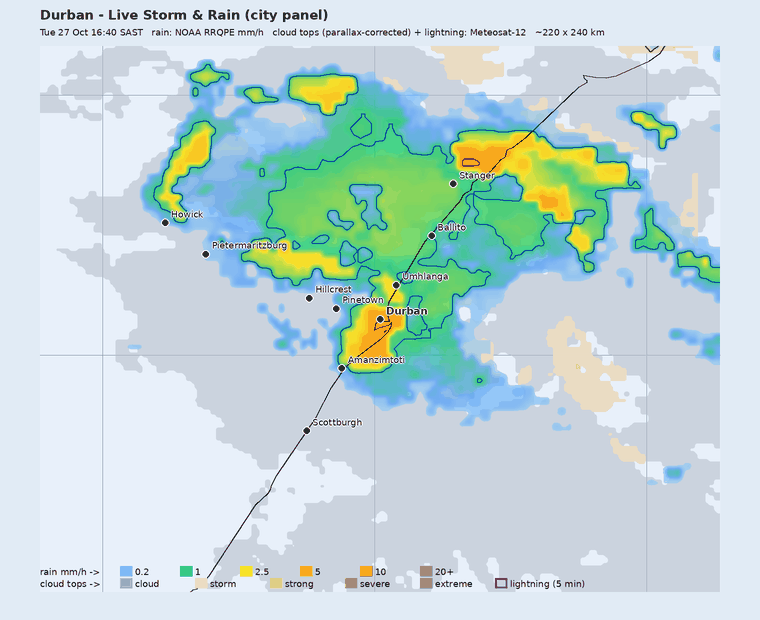 Live storm and rain panel around Durban, last hour