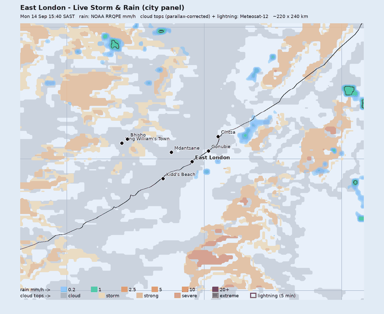 Live storm and rain panel around East London, last hour