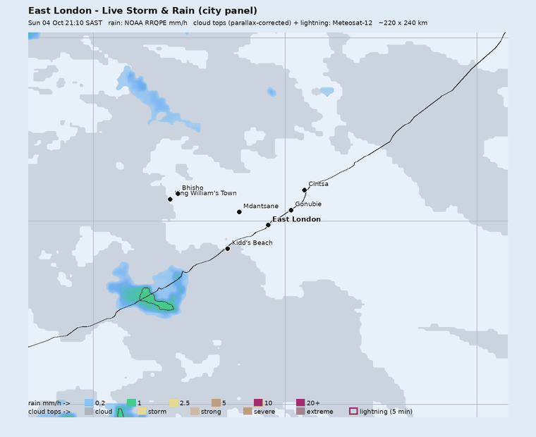 Live storm and rain panel around East London, last hour