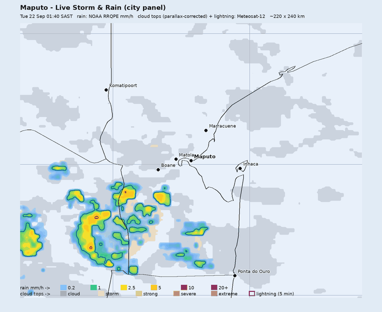 Live storm and rain panel around Maputo, last hour