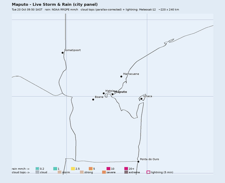 Live storm and rain panel around Maputo, last hour