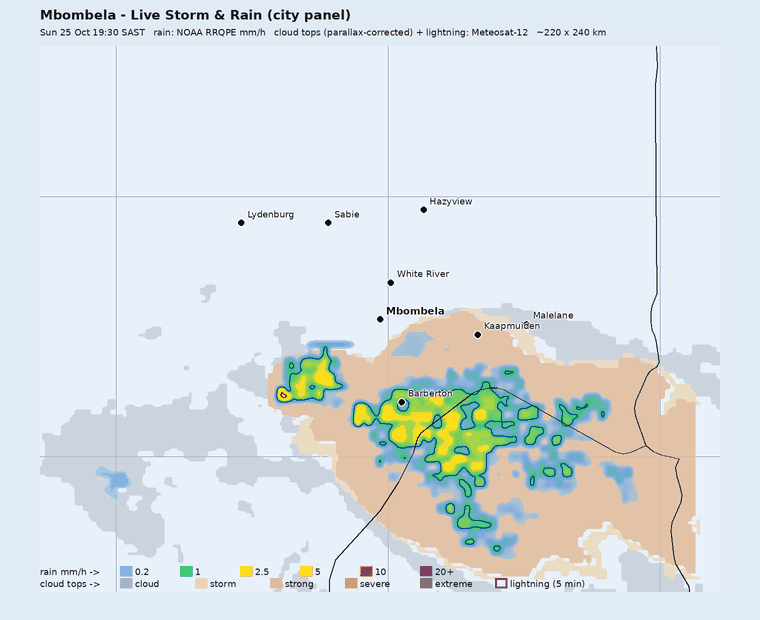 Live storm and rain panel around Mbombela (Nelspruit), last hour