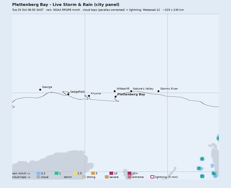 Live storm and rain panel around Plettenberg Bay, last hour