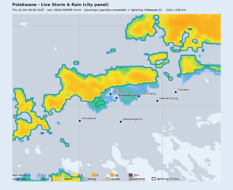 Live storm and rain panel around Polokwane, last hour