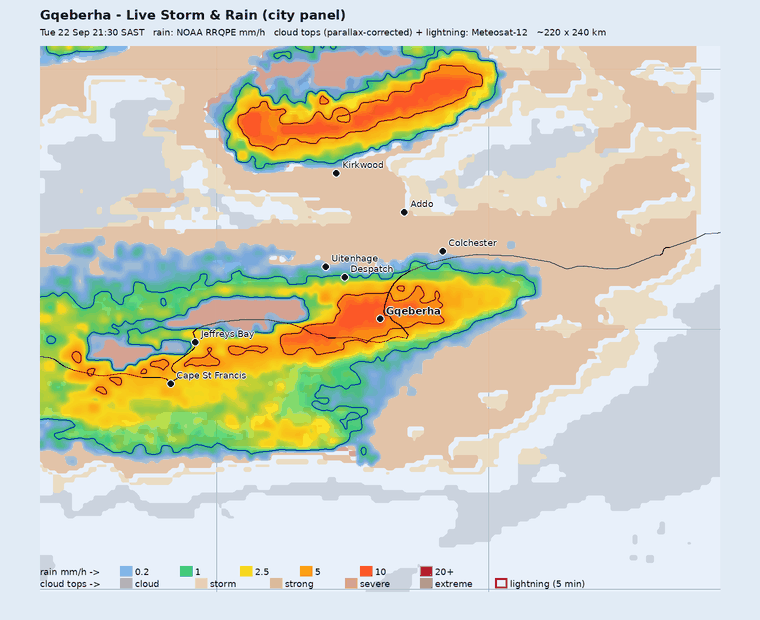 Live storm and rain panel around Gqeberha (Port Elizabeth), last hour