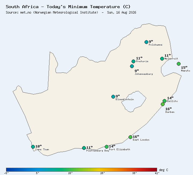South Africa Minimum Temperatures Today (met.no)