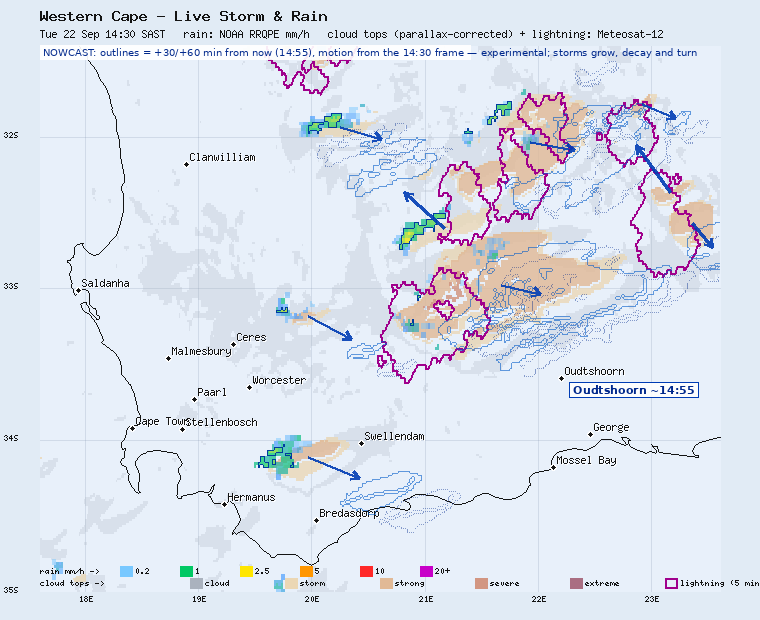 Western Cape storm nowcast, 30 and 60 minutes ahead