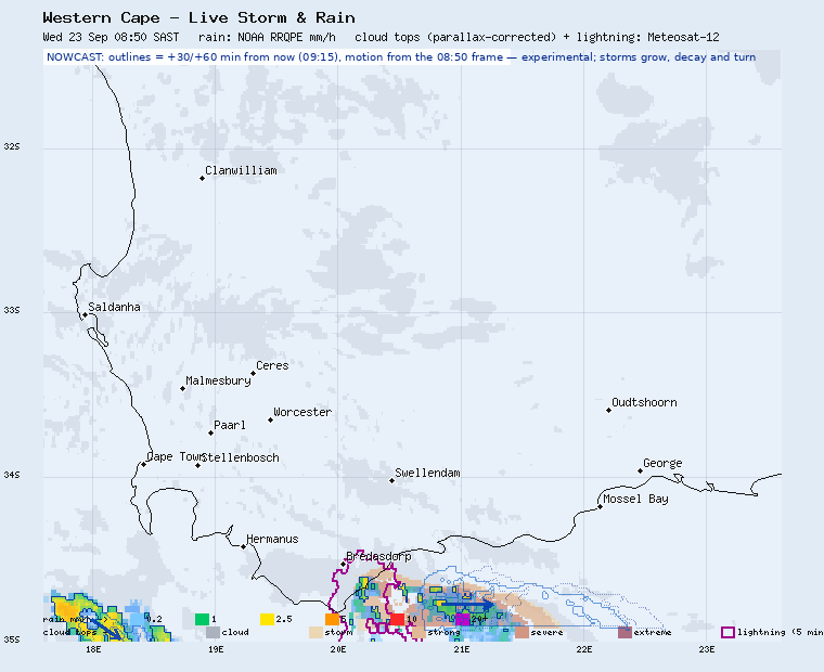 Western Cape storm nowcast, 30 and 60 minutes ahead