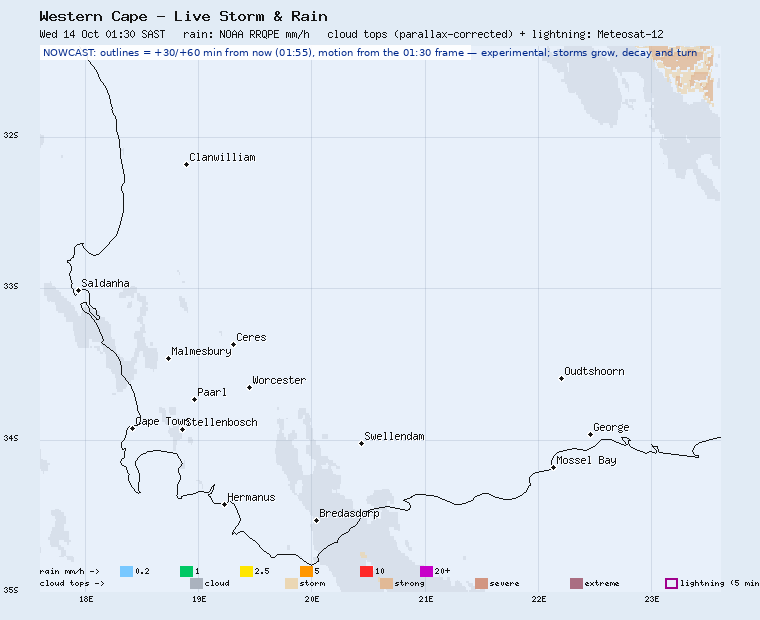 Western Cape storm nowcast, 30 and 60 minutes ahead
