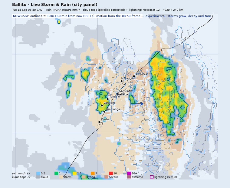 Storm nowcast around Ballito: projected positions 30 and 60 minutes ahead