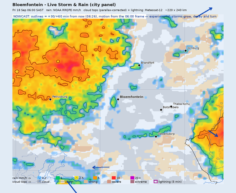 Storm nowcast around Bloemfontein: projected positions 30 and 60 minutes ahead