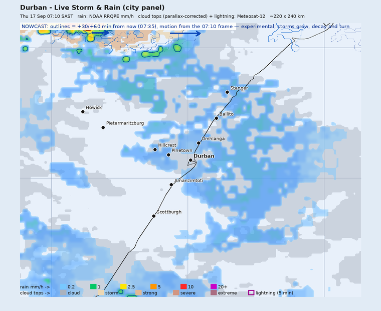 Storm nowcast around Durban: projected positions 30 and 60 minutes ahead