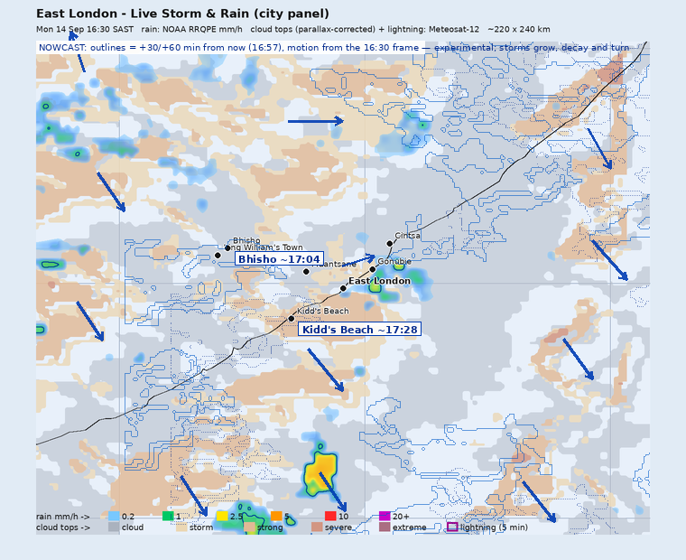 Storm nowcast around East London: projected positions 30 and 60 minutes ahead