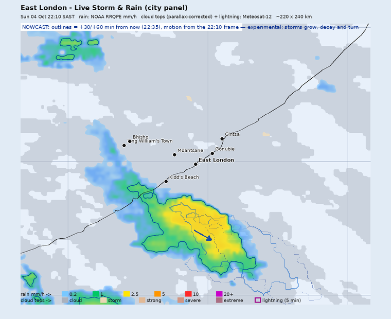 Storm nowcast around East London: projected positions 30 and 60 minutes ahead