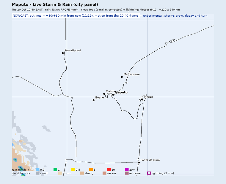 Storm nowcast around Maputo: projected positions 30 and 60 minutes ahead