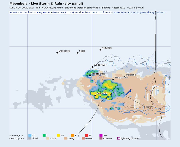 Storm nowcast around Mbombela (Nelspruit): projected positions 30 and 60 minutes ahead