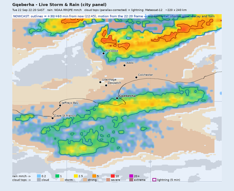 Storm nowcast around Gqeberha (Port Elizabeth): projected positions 30 and 60 minutes ahead