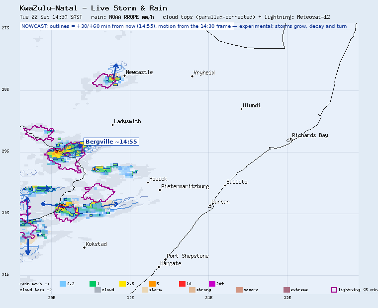 KwaZulu-Natal storm nowcast, 30 and 60 minutes ahead