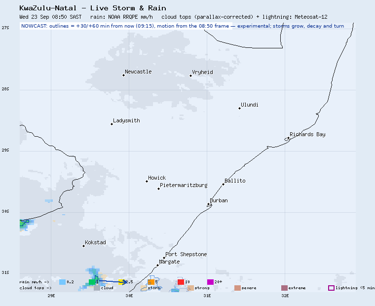 KwaZulu-Natal storm nowcast, 30 and 60 minutes ahead