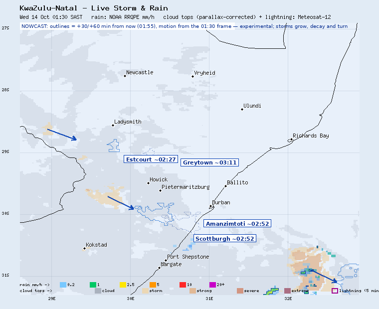 KwaZulu-Natal storm nowcast, 30 and 60 minutes ahead