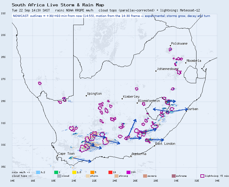 South Africa storm nowcast: projected storm positions 30 and 60 minutes ahead