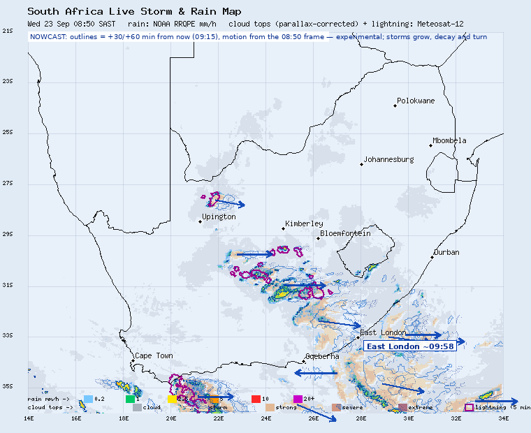 South Africa storm nowcast: projected storm positions 30 and 60 minutes ahead