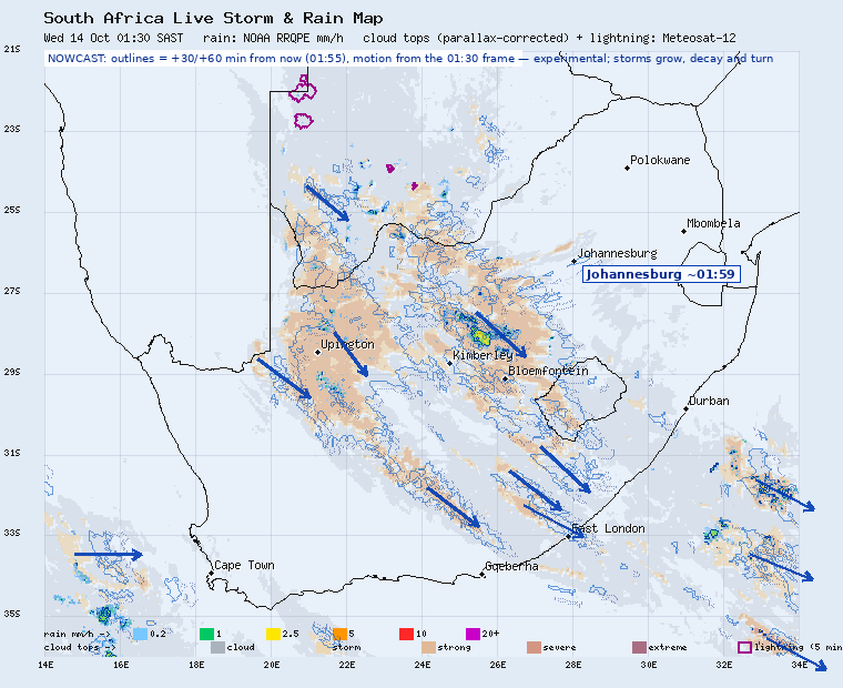 South Africa storm nowcast: projected storm positions 30 and 60 minutes ahead
