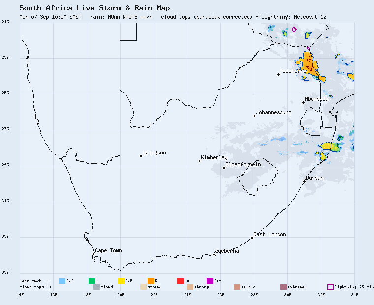 Live South Africa storm and rain map, last 2 hours