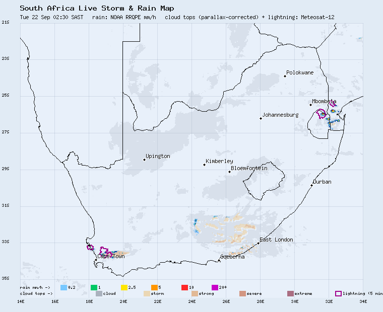 Live South Africa storm and rain map, last 2 hours