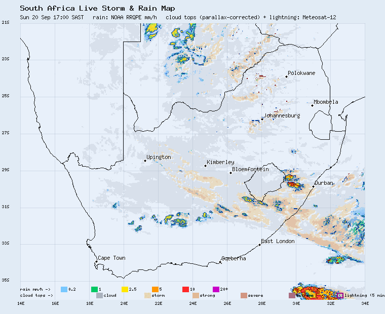 Live South Africa storm and rain map, last 2 hours