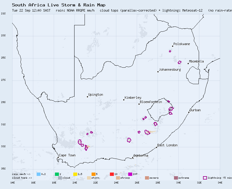 Live South Africa rainfall radar loop, last 2 hours