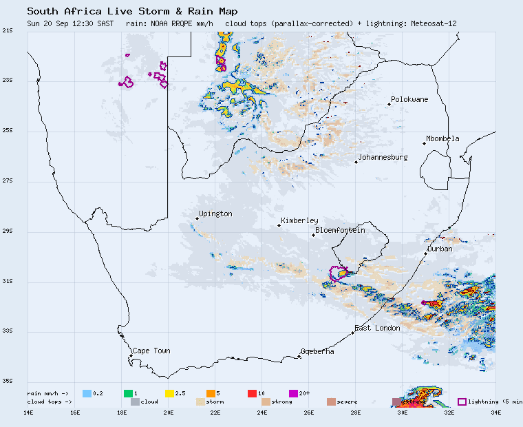 Live South Africa storm and rain map, last 2 hours