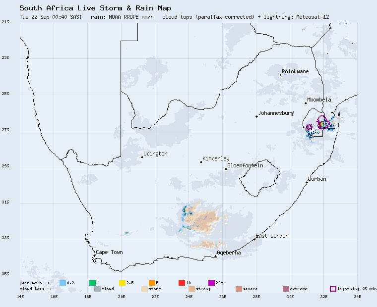 Live South Africa storm and rain map, last 2 hours