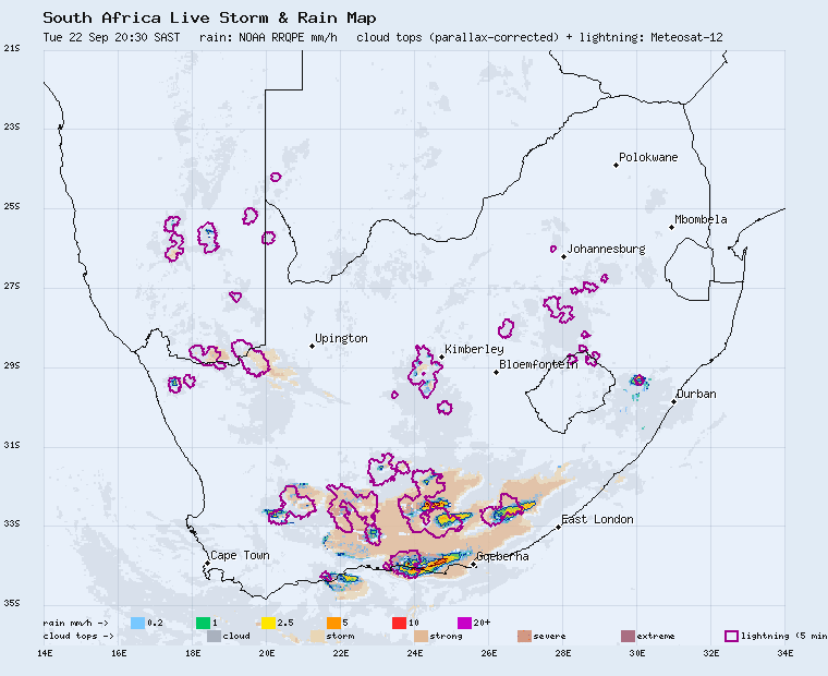 Live South Africa storm and rain map, last 2 hours