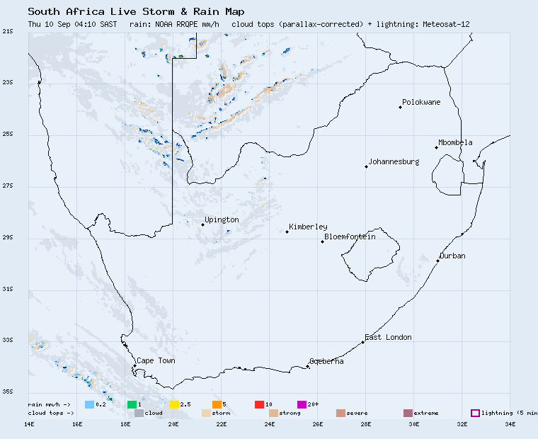 Live South Africa storm and rain map, last 2 hours