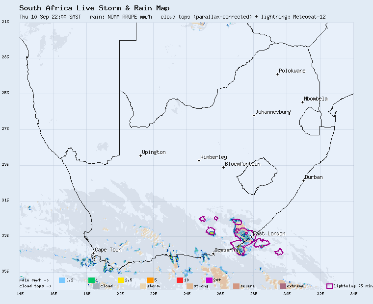 Live South Africa storm and rain map, last 2 hours