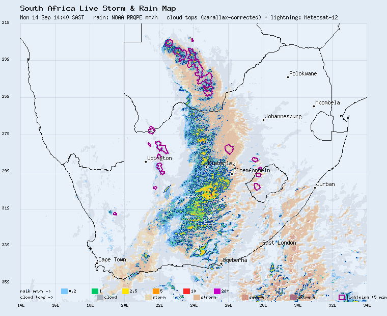 Live South Africa storm and rain map, last 2 hours