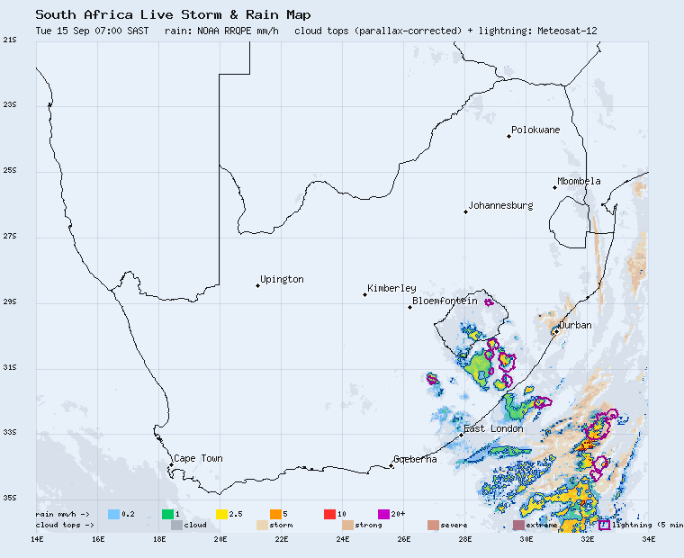 Live South Africa storm and rain map, last 2 hours