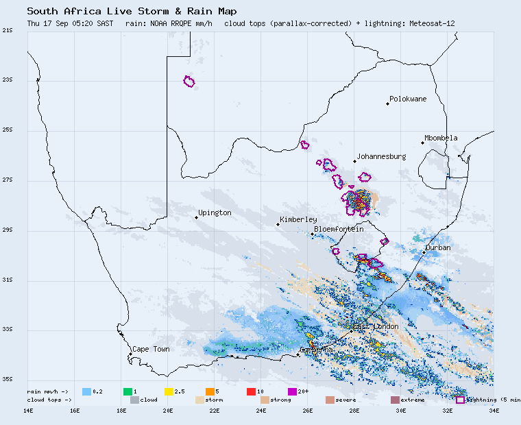 Live South Africa storm and rain map, last 2 hours
