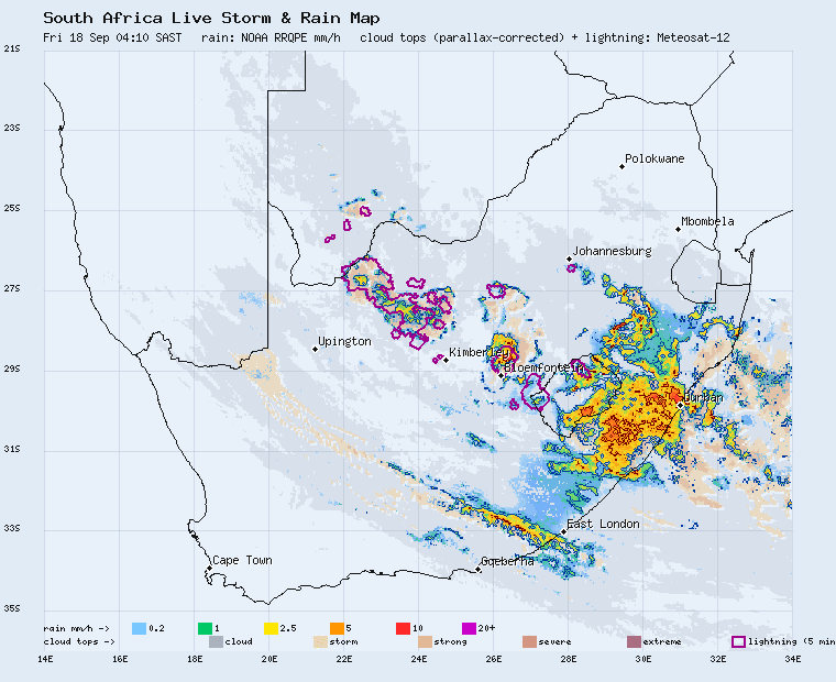 Live South Africa storm and rain map, last 2 hours