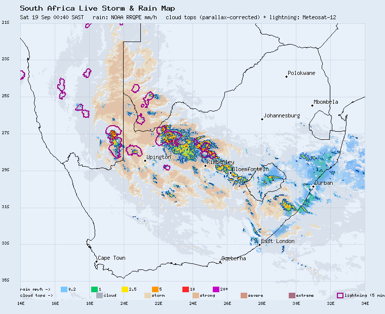Live South Africa storm and rain map, last 2 hours