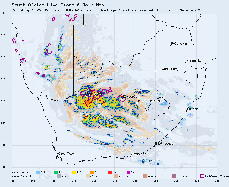 Live South Africa storm and rain map, last 2 hours
