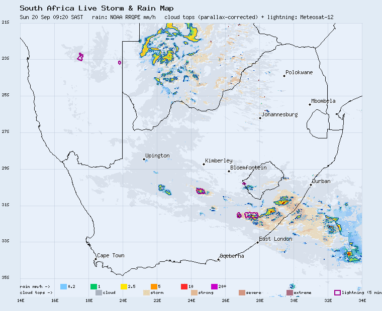 Live South Africa storm and rain map, last 2 hours