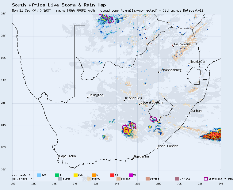 Live South Africa storm and rain map, last 2 hours