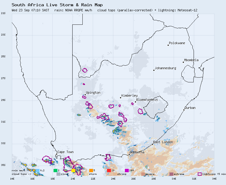 Live South Africa rainfall radar loop, last 2 hours
