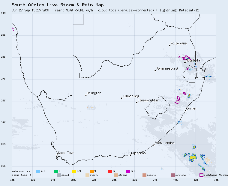 Live South Africa storm and rain map, last 2 hours