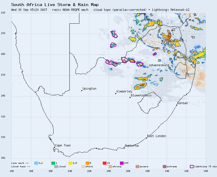 Live South Africa storm and rain map, last 2 hours